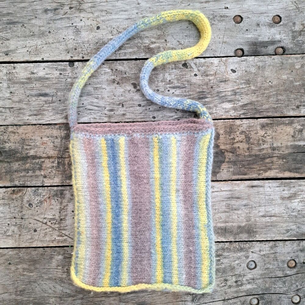 Handmade Crochet Knit Pastel Purple Blue Bag Purse Shoulder Handbag 11 X 13"